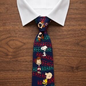 Vintage Peanuts Snoopy Charlie Brown Silk Tie Navy Laughing Graphic Manhattan